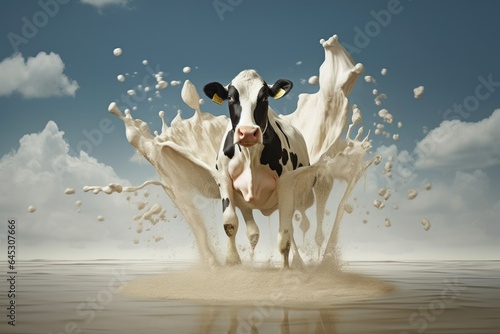 creative illustration. photo of a cow with milk on a plain background