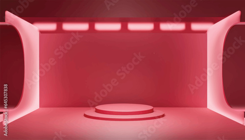 Vector Realistic red maroon, Pink abstract studio room with realistic pedestal podium and glowing ceiling light. Abstract minimal wall scene for mock up products display, Stage for showcase.