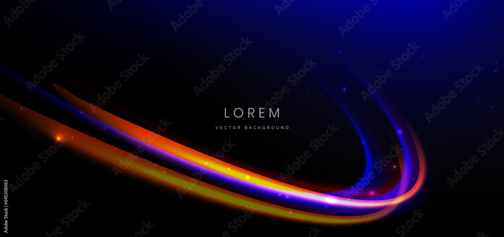 Abstract technology futuristic curved glowing neon blue and orange light ray on dark blue background with lighting effect. Abstract technology futuristic curved glowing neon blue and orange light ray on dark blue background with lighting effect.