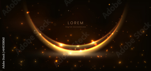 Abstract glowing gold curved element on dark background with lighting effect glitter and sparkle with copy space for text. Luxury design style.