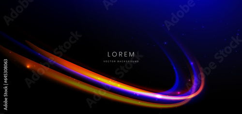 Abstract technology futuristic curved glowing neon blue and orange light ray on dark blue background with lighting effect.