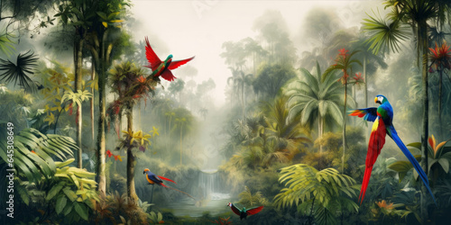 Wallpaper of a natural landscape of rainforests of trees and palms, in consistent colors with birds, butterflies, parrots and flamingos, Generative AI