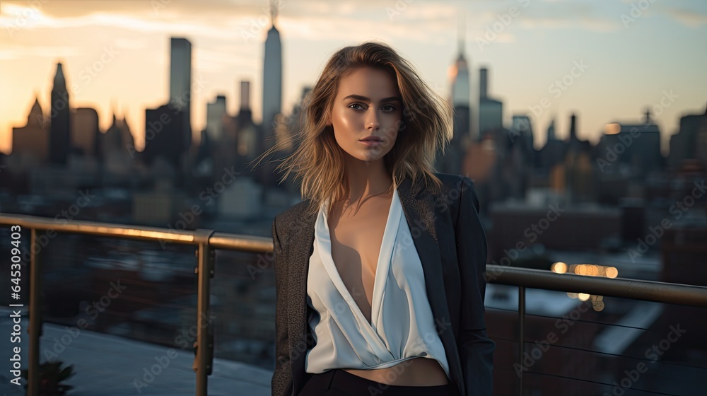 Model dressed in high-end fashion, perched on a rooftop with the city skyline in the background