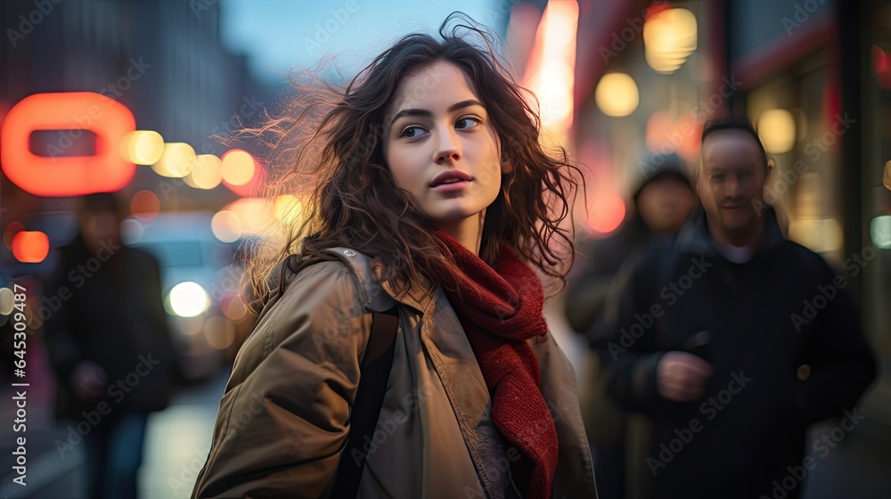 Model in casual attire, crossing a bustling city street with blurred traffic Model in casual attire, crossing a bustling city street with blurred traffic