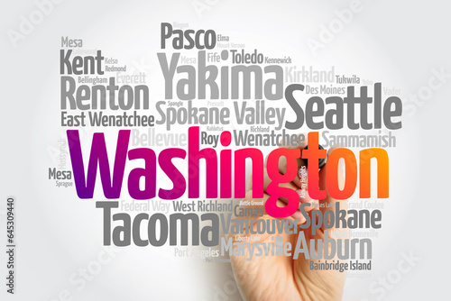 List of cities in Washington USA state, map silhouette word cloud map concept #645309440