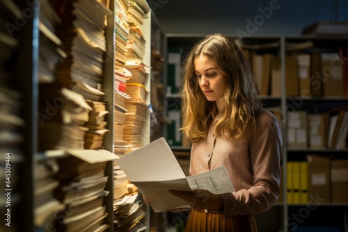 Young woman folder paper documents. Generate Ai