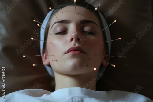 Young woman acupuncture face alternative. Generate Ai