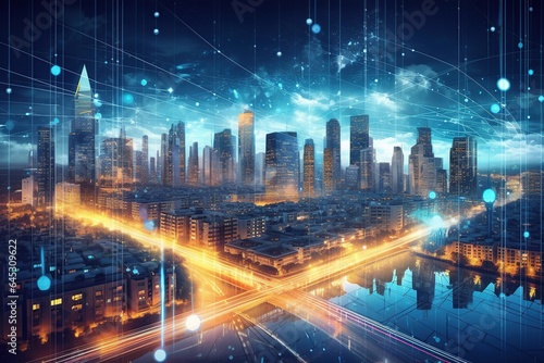 Smart city and big data connection technology  abstract line connection on night city background  communication network concept  Data storage  service  online  financial  Connectivity global