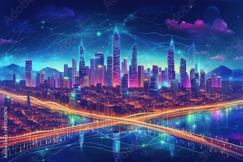Smart city and big data connection technology  abstract line connection on night city background  communication network concept  Data storage  service  online  financial  Connectivity global