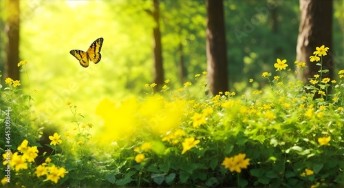 Spring yellow flower forest with a butterfly, sunset peace landscape © raul