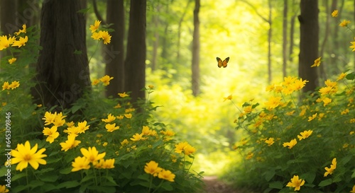 Spring yellow flower forest with a butterfly, sunset peace landscape