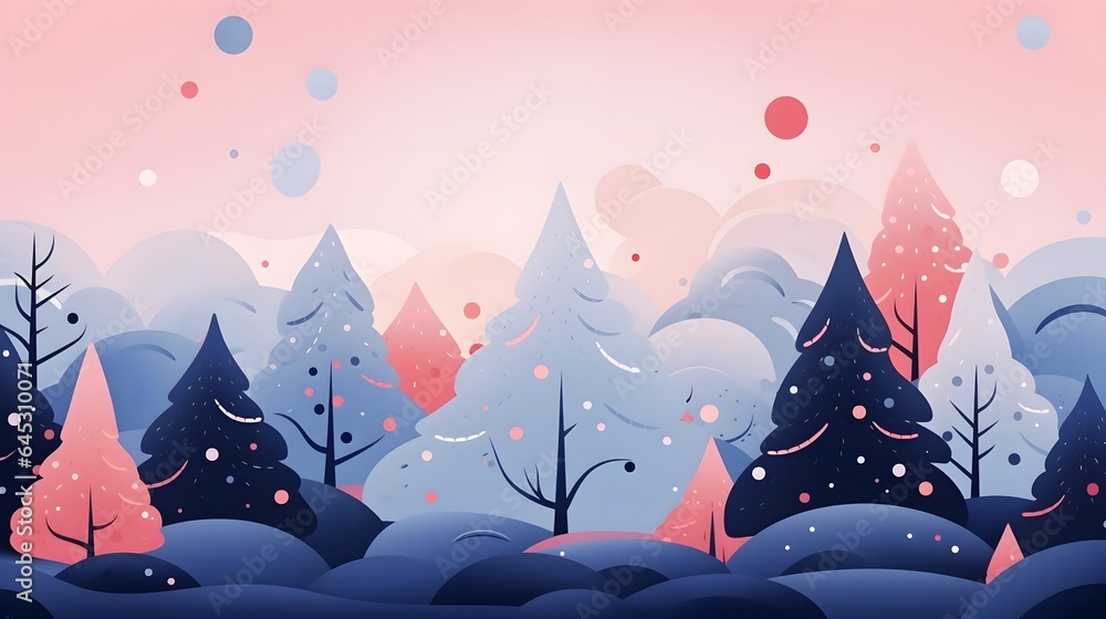 Christmas winter pink and blue forest, new year card