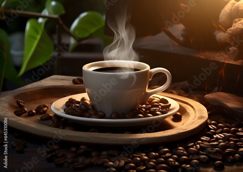 A realistic illustration of a coffee cup with steam and coffee beans on a wooden table. Generative AI