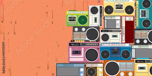 Colorful retro cassette player and radio flat design vector illustration on orange background with risograph printing effect and have blank space for any wording or advertisement. photo