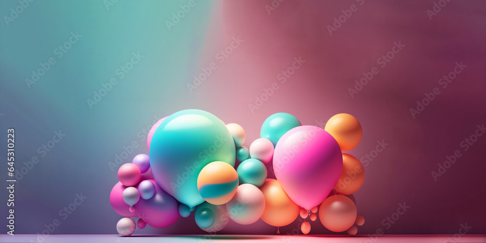 Balloons with neon lights on pastel colors background. 3d rendering. generative ai.