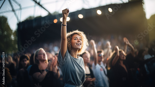 Beautiful blonde woman dancing in crowd at music concert
