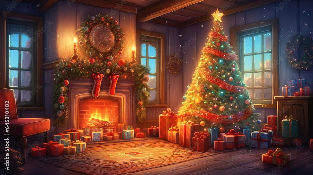 Christmas Tree With Gifts Near A Fireplace With Lights, Bright color. Generative Ai