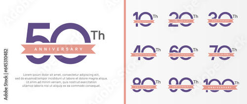 set of anniversary logo purple color number and pink ribbon on white background for celebration
