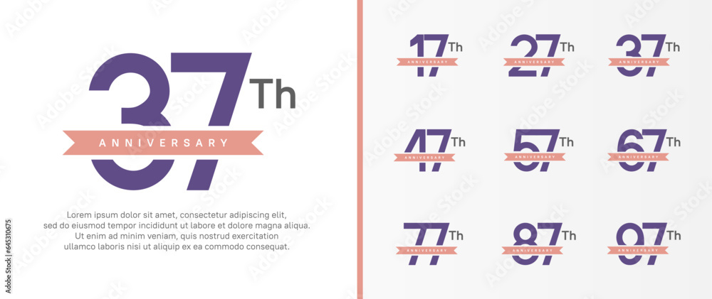set of anniversary logo purple color number and pink ribbon on white background for celebration set of anniversary logo purple color number and pink ribbon on white background for celebration