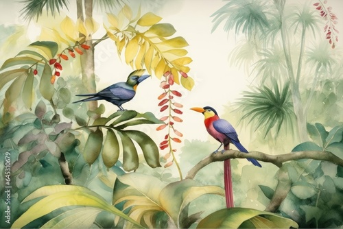 Watercolor painting style, landscape on a tropical forest with trees, palms and branches standing on it, colorful birds and fruits, Generative AI © Rajiv