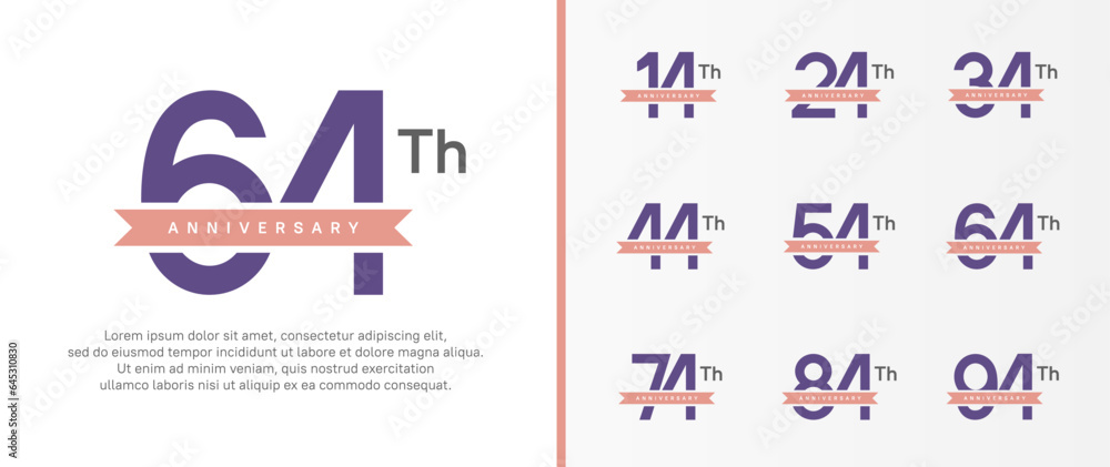 set of anniversary logo purple color number and pink ribbon on white background for celebration