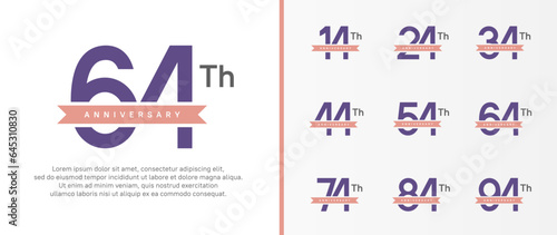 set of anniversary logo purple color number and pink ribbon on white background for celebration