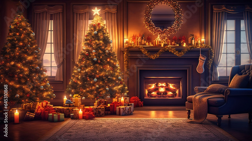 Merry christmas background with gift next to christmas tree in decorated room with fireplace. Generative Ai