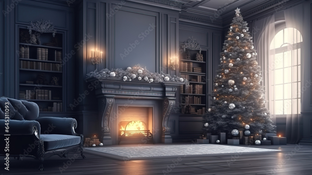 Cozy living room with fireplace and christmas tree. Generative Ai