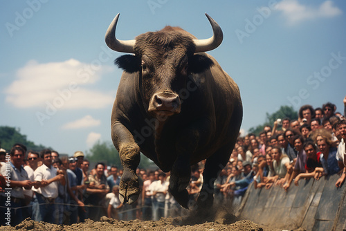 A bull runs towards the camera in a typical Spanish festival