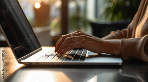 Hands of a girl working on a laptop ordering goods online on Cyber Monday, idea for wallpaper