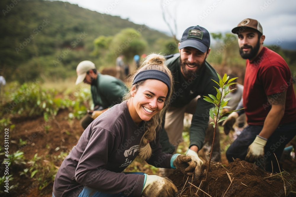 A group of travelers volunteering to help with a countryside conservation project, illustrating the love and creation of giving back and the commitment to preserving natural beauty A group of travelers volunteering to help with a countryside conservation project, illustrating the love and creation of giving back and the commitment to preserving natural beauty