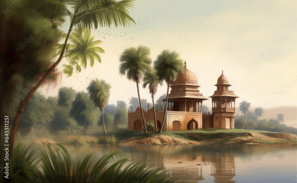 landscape painting of palm trees and river banks of India with ancient temples, Generative AI