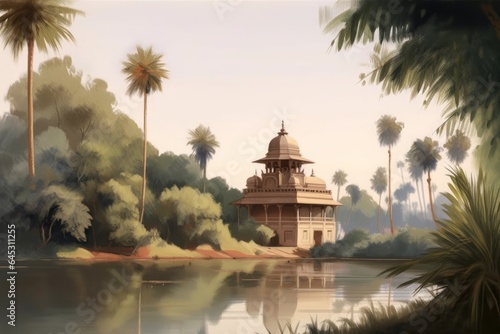 landscape painting of palm trees and river banks of India with ancient temples, Generative AI