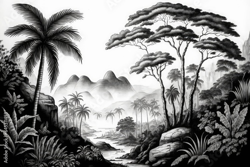 wallpaper tropical jungle with valleys  mountains  trees and palms in a landscape vintage black and white sketch illustration  Generative AI