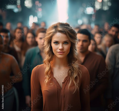 A woman distinctly looking at the camera amidst a large crowd of diverse people