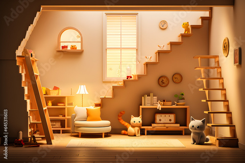 Photorealistic image of a toy-style playroom for a small dollhouse with cute cats, Generate Ai photo