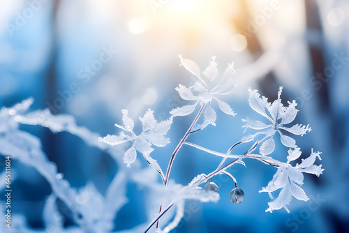 Macro twig covered with frost in the cold season under the bright sun, blurred background. Transparent leaves of the skeleton. Generate Ai