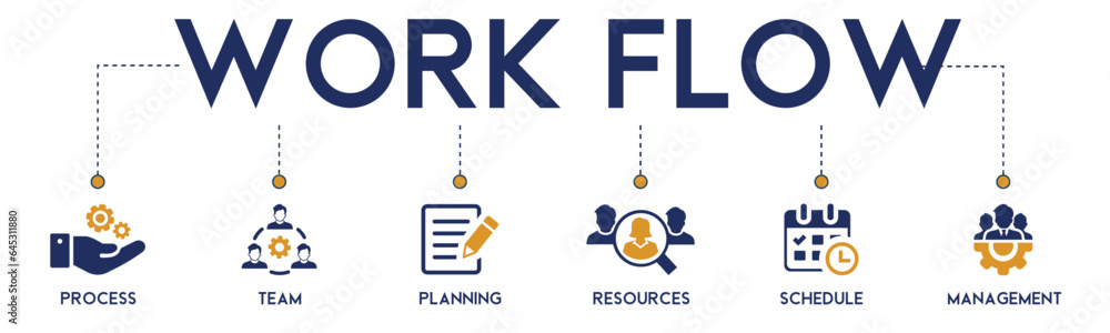 Work flow banner website icon vector illustration concept with icon of team, strategy, project, schedule, management, resources, process, documentation on white background. Work flow banner website icon vector illustration concept with icon of team, strategy, project, schedule, management, resources, process, documentation on white background.