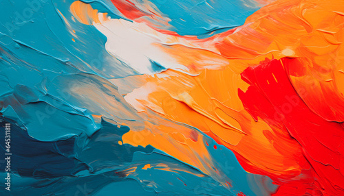 Abstract acrylic paint in orange, blue and red color palette. Colorful wallpaper texture for branding. Vibrant background with bold colors.