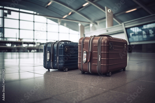 generative ai photo of two suitcases standing alone at the airport, concept of travelling
