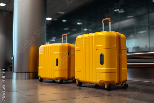 generative ai photo of two suitcases standing alone at the airport, concept of travelling