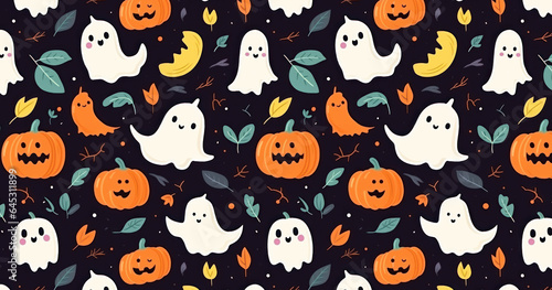 Cute halloween pattern banner with pumpkins and ghosts.