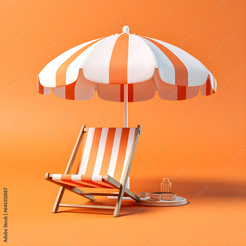 beach chair under a striped parasol, on an isolated orange background.Summer vacation concept by the beach. Summer minimalistic background, Generate Ai beach chair under a striped parasol, on an isolated orange background.Summer vacation concept by the beach. Summer minimalistic background, Generate Ai