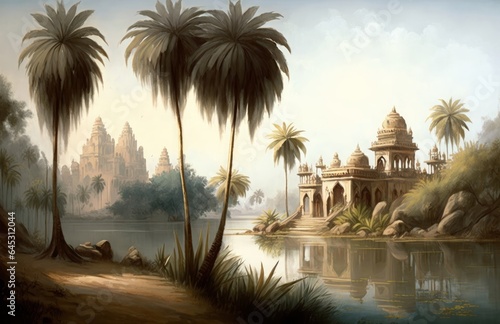 landscape painting of palm trees and river banks of India with ancient temples, Generative AI © Rajiv