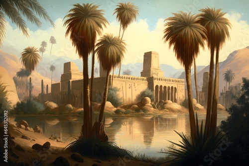 landscape painting of palms and trees on the banks of the Nile in ancient Egypt with temples, Generative AI © Rajiv