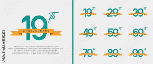 set of anniversary logo green color number and orange ribbon on white background for celebration