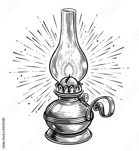 Vintage oil lantern or kerosene lamp with rays of light. Old oil lamp sketch vector illustration engraving style