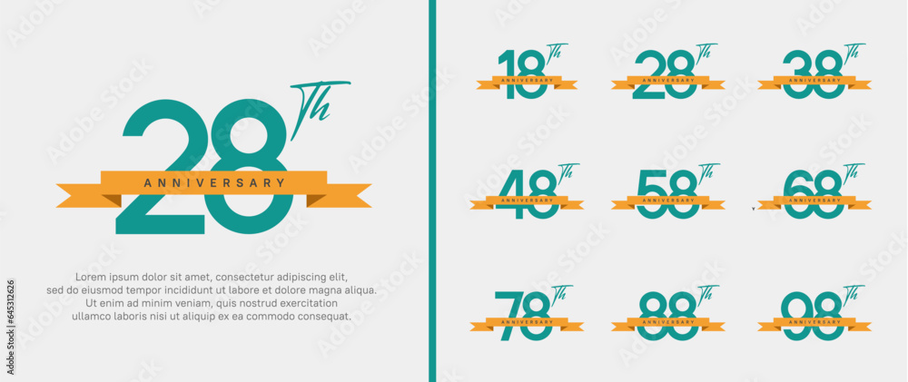 Fototapeta premium set of anniversary logo green color number and orange ribbon on white background for celebration