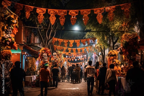 a street in Mexico during Dia de los Muertos, as families gather, faces painted with intricate skull designs, wearing traditional costumes © Christian