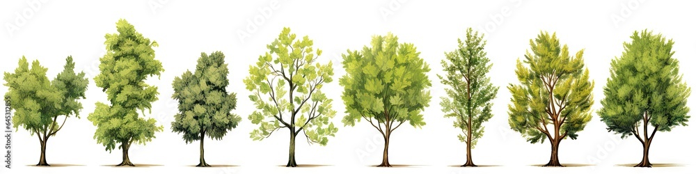 Whispers of woods. Botanical symphony. Nature diversity. Trees in summer splendor. Botanical elegance. Leaves branches and life. Tree on white background isolated Whispers of woods. Botanical symphony. Nature diversity. Trees in summer splendor. Botanical elegance. Leaves branches and life. Tree on white background isolated